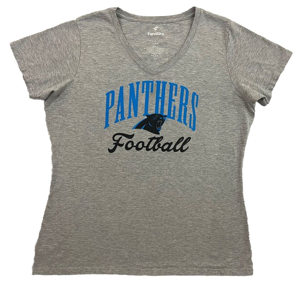 Carolina Panthers T Shirt Womens Large Gray Fanatics V Neck NFL Short Sleeve Tee